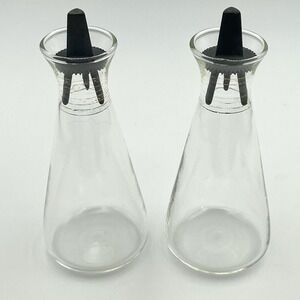 Vintage Pyrex 6" Glass Oil & Vinegar Cruet Set w/ Black Stoppers USA Gold Bands